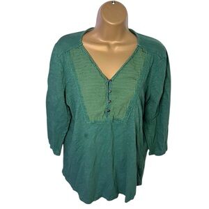 Eddie Bauer Pintuck Henley Top Button Front 3/4 Sleeve Cotton Green XXL